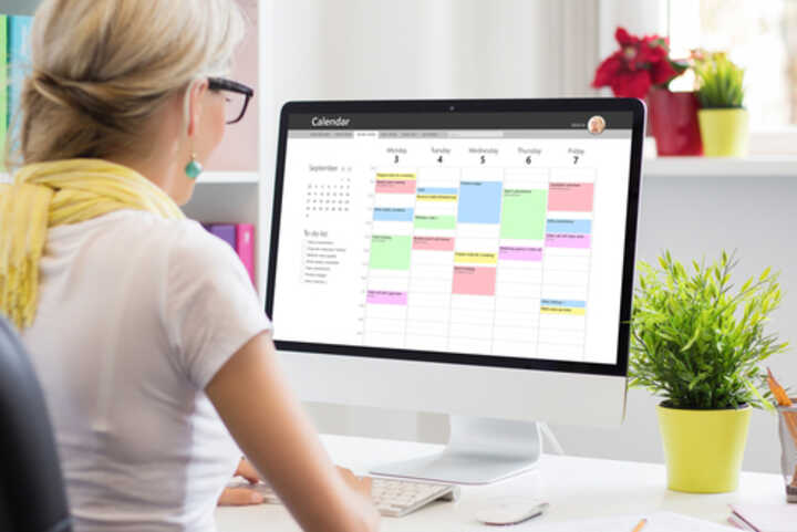 Woman checking work calendar on office computer