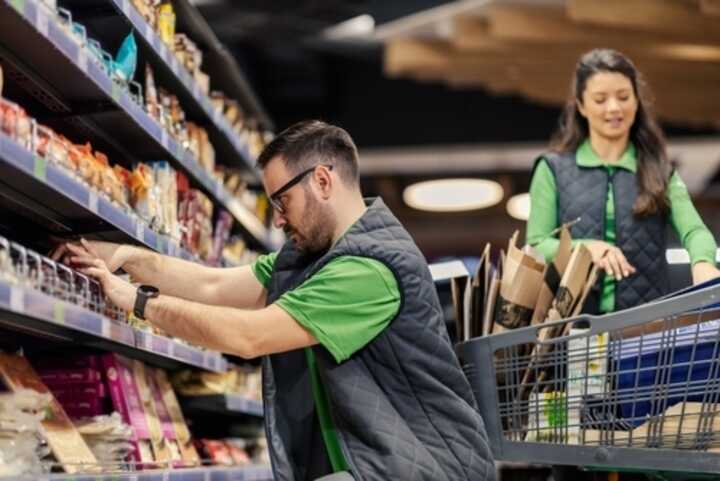 Two supermarket workers putting products on shelves